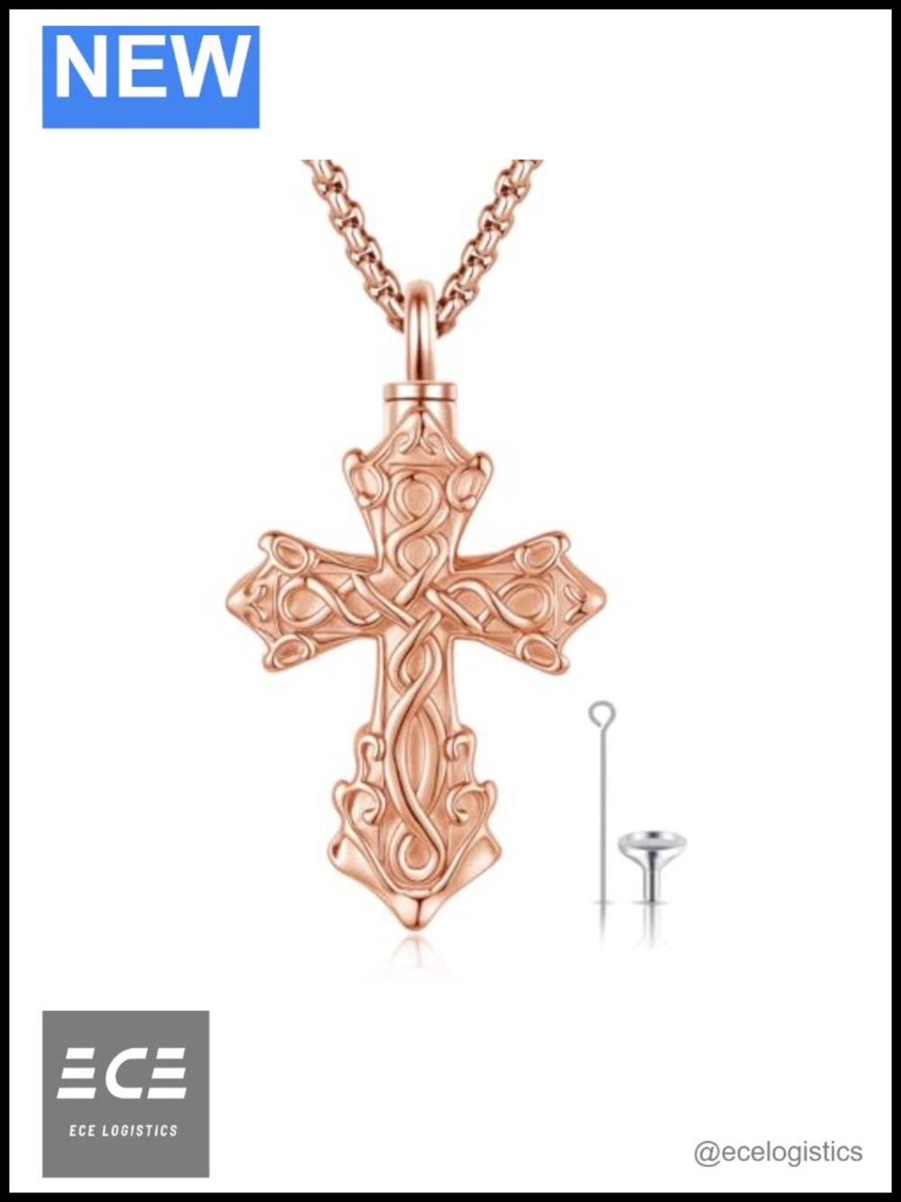 925 Sterling Silver Rose Gold Plated Celtic Cross Urn Necklace for Ashes